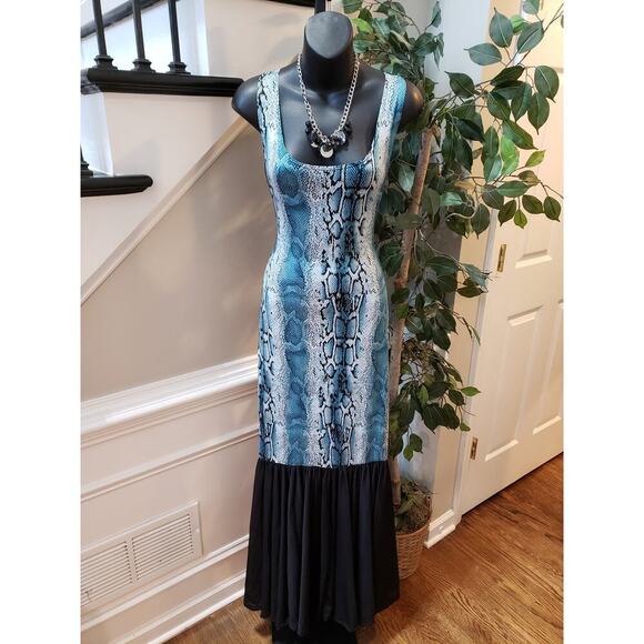 Good Time Long Maxi Dress Womens S Multi Snakeskin Print Scoop Neck Peplum Hem S - Picture 1 of 12